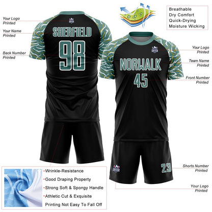 Custom Black Midnight Green-White Curved And Wavy Lines Sublimation Soccer Uniform Jersey - Sky-Custom