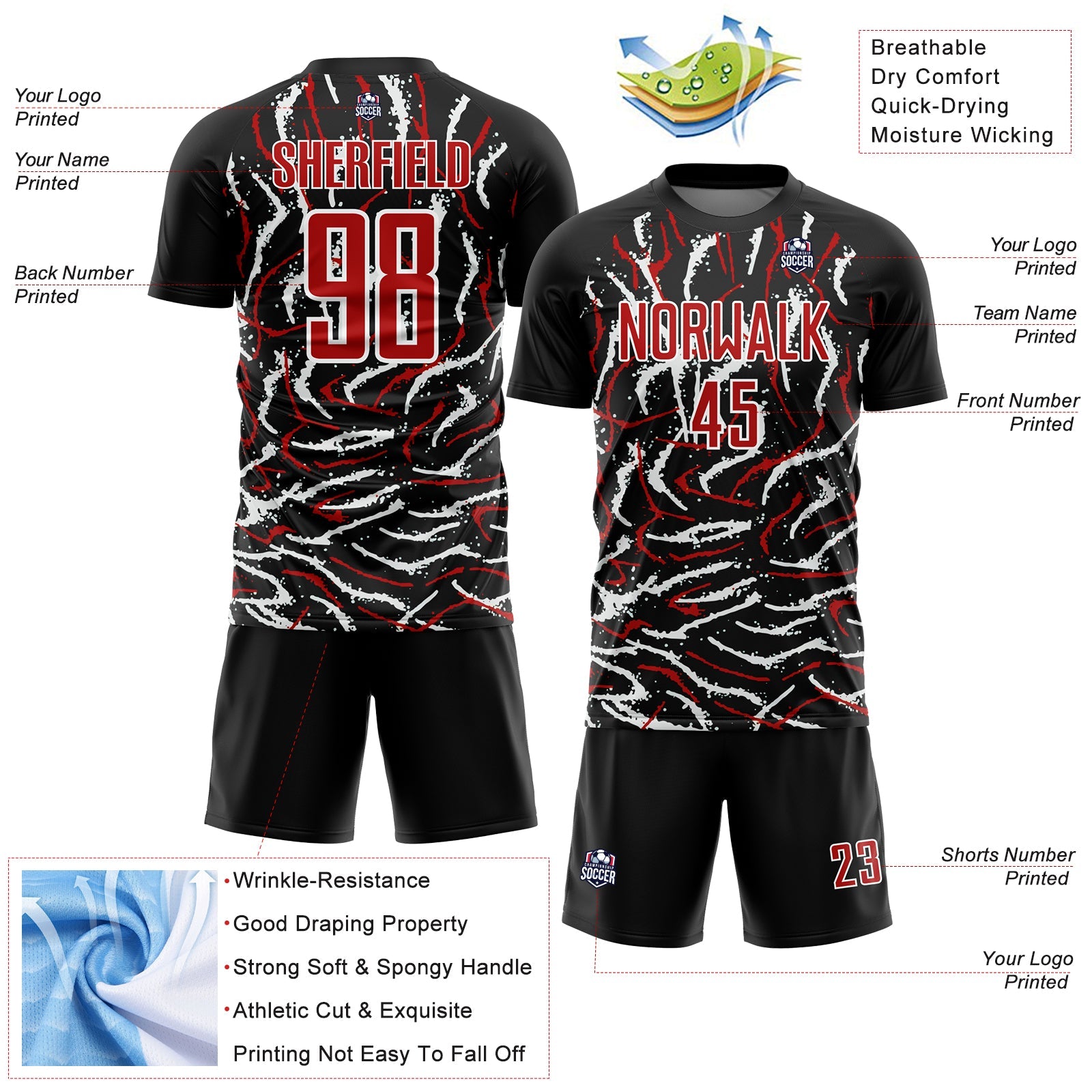 Custom Black Red-White Curved And Wavy Lines Sublimation Soccer Uniform Jersey - Sky-Custom