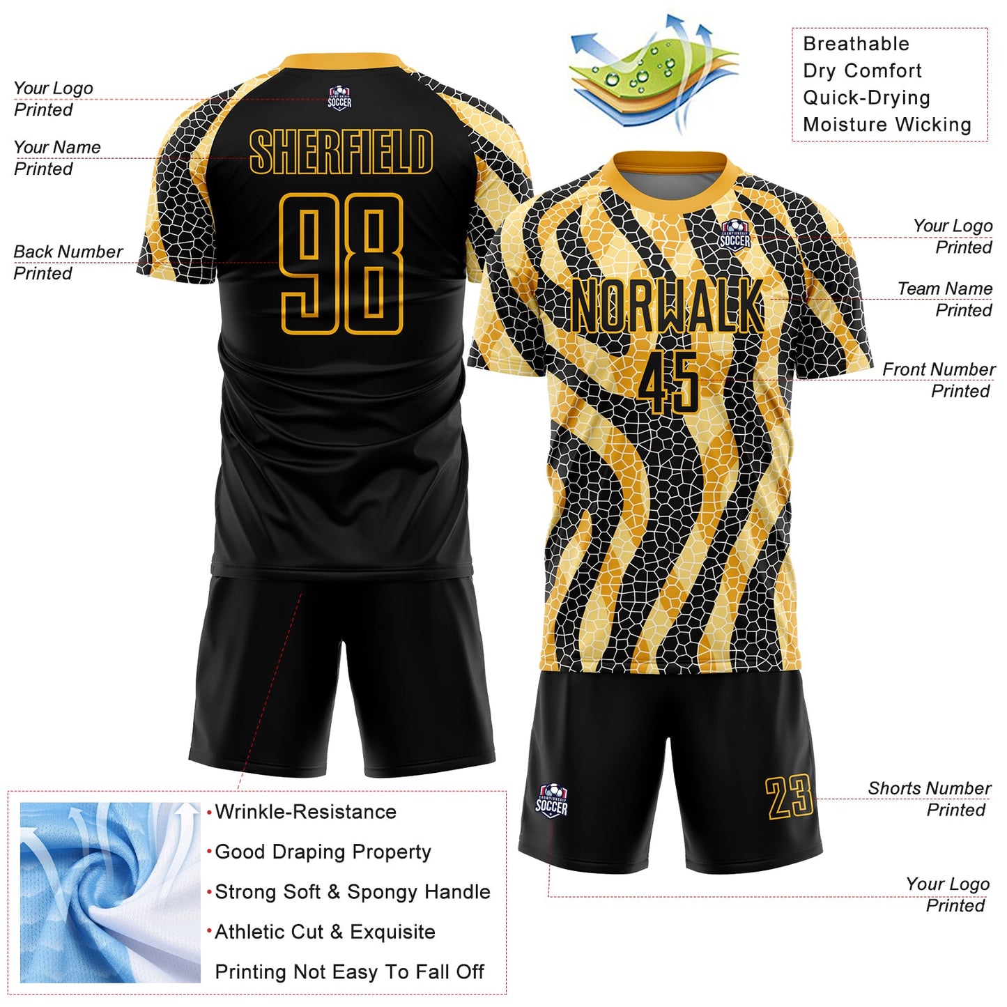 Custom Black Gold Animal Print Sublimation Soccer Uniform Jersey - Sky-Custom