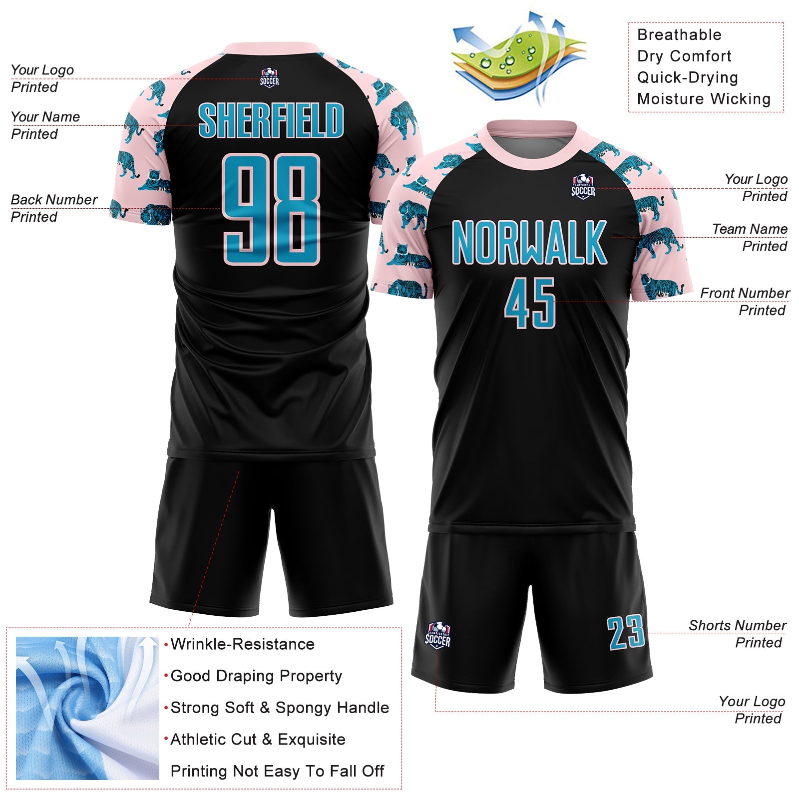 Custom Black US Navy Blue-Light Pink Tiger Sublimation Soccer Uniform Jersey - Sky-Custom