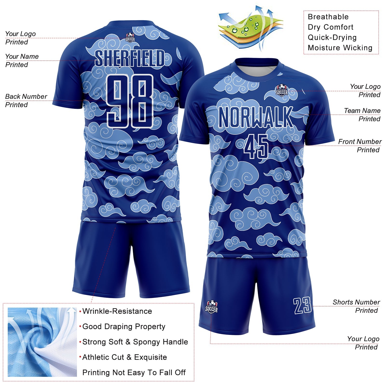 Custom Royal White Cloud Pattern Sublimation Soccer Uniform Jersey - Sky-Custom