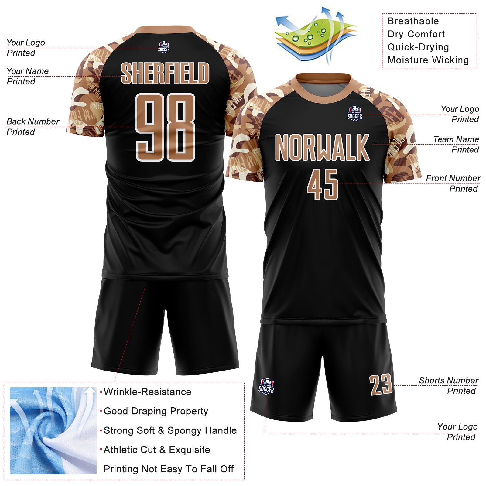 Custom Black Old Gold-White Camouflage Sublimation Soccer Uniform Jersey - Sky-Custom