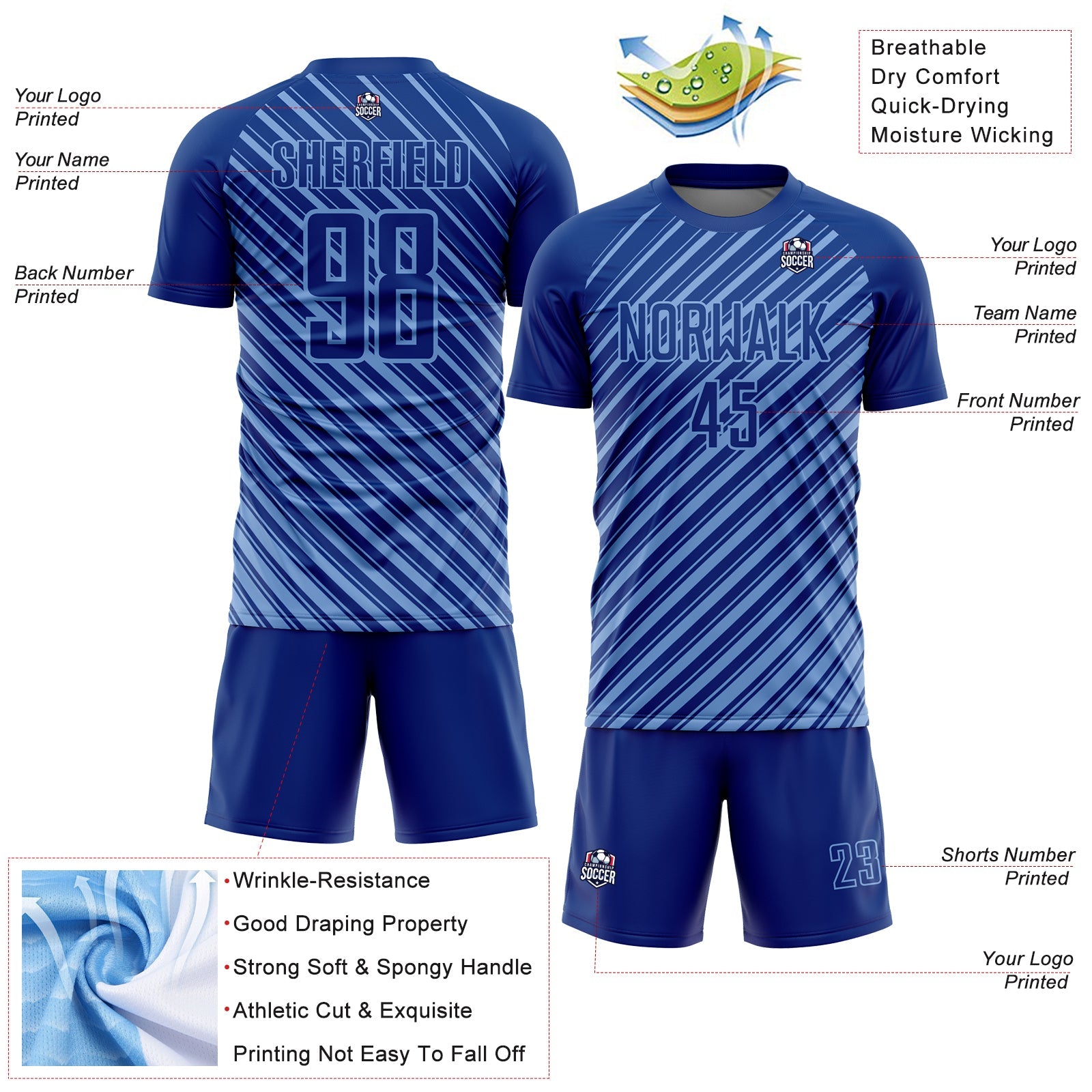 Custom Royal Light Blue Slash Sublimation Soccer Uniform Jersey - Sky-Custom