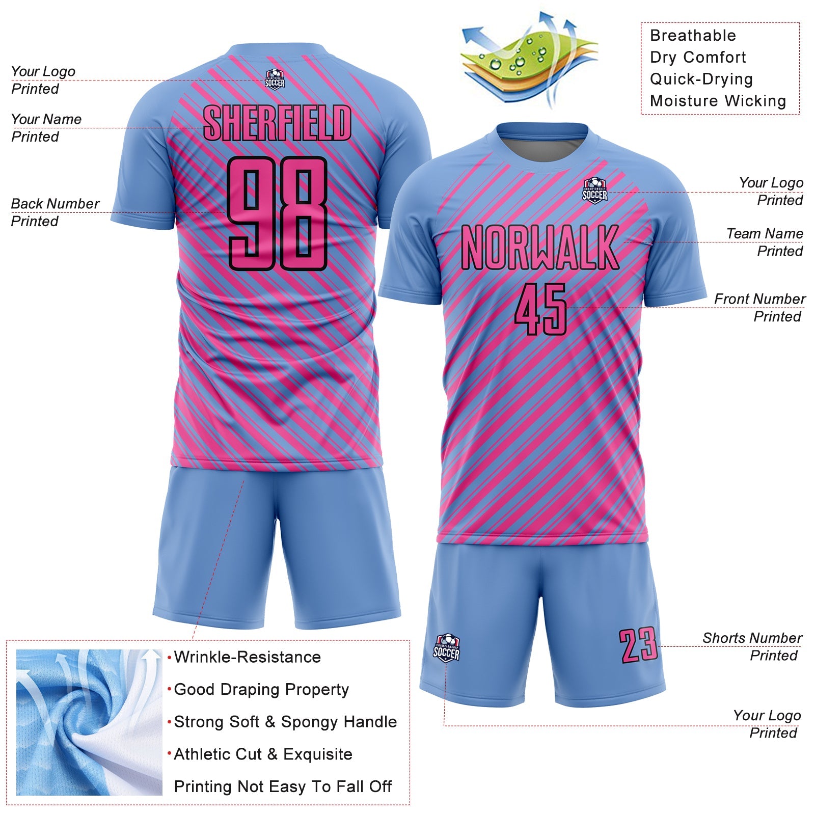 Custom Light Blue Pink-Black Slash Sublimation Soccer Uniform Jersey - Sky-Custom
