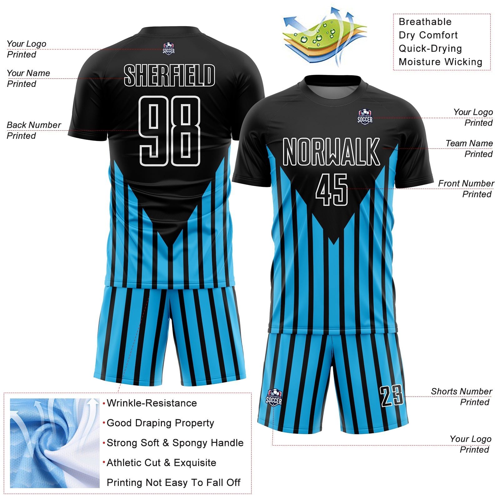 Custom Black Sky Blue-White Lines Sublimation Soccer Uniform Jersey - Sky-Custom