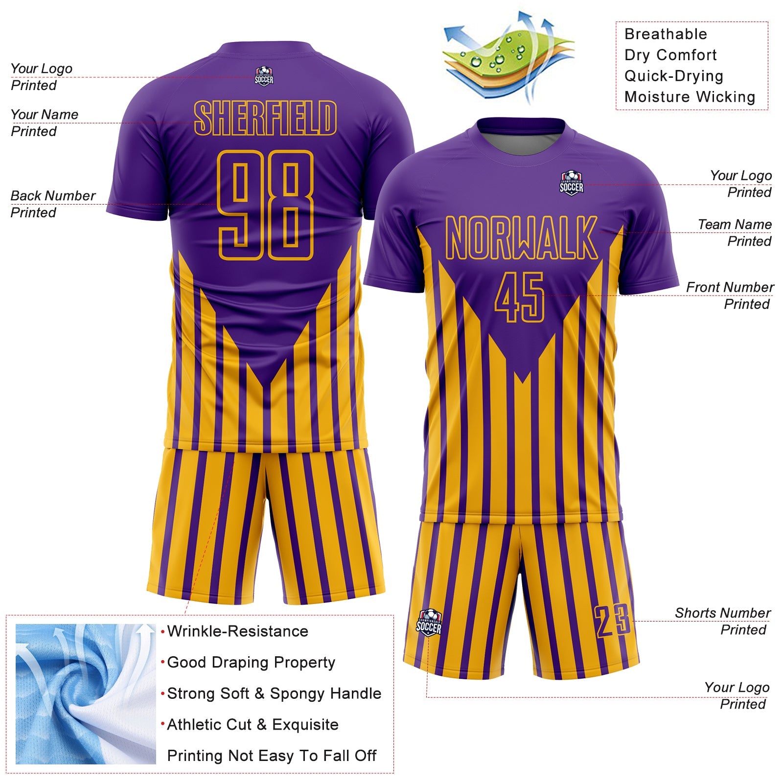 Custom Purple Gold Lines Sublimation Soccer Uniform Jersey - Sky-Custom