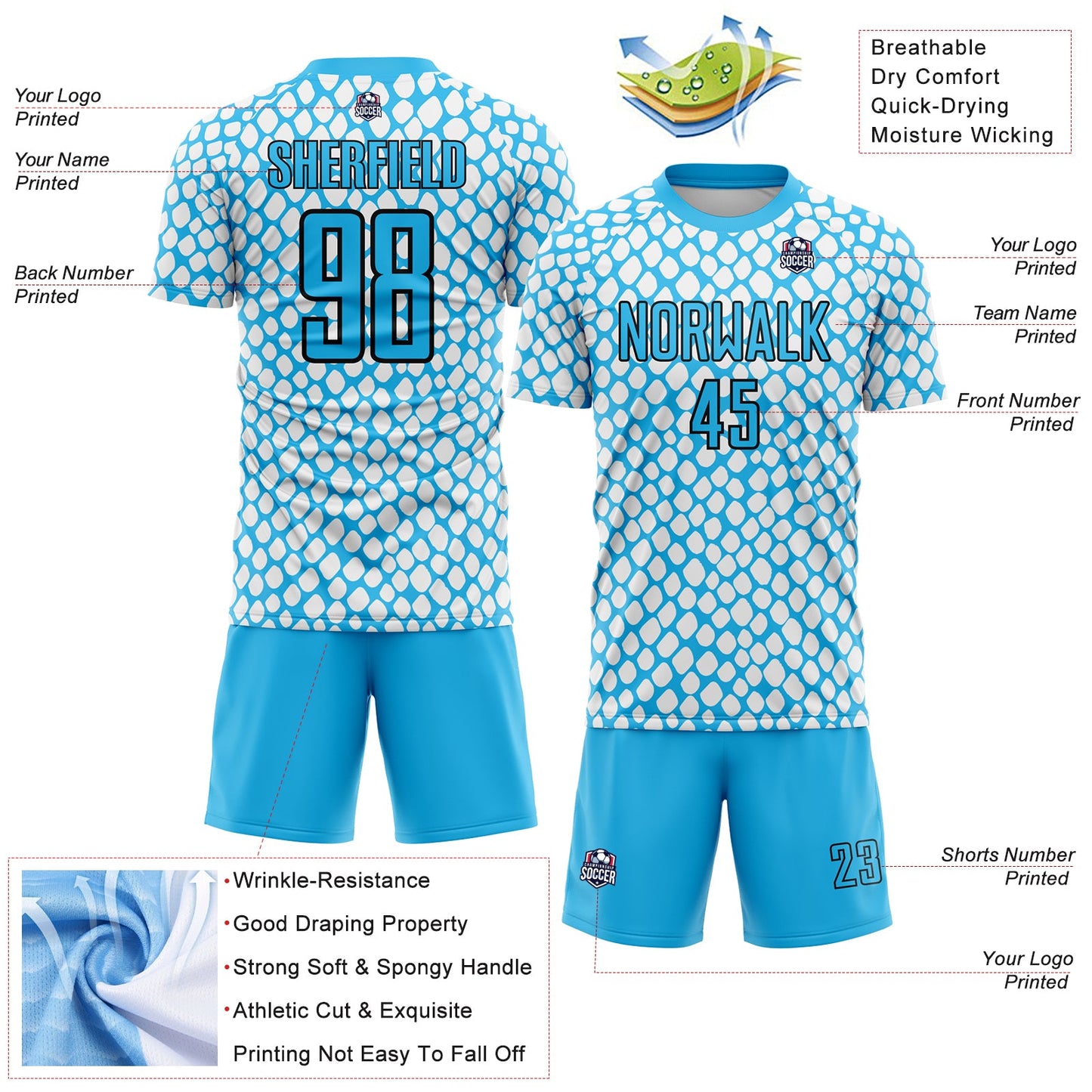 Custom Sky Blue Black-White Snake Skin Sublimation Soccer Uniform Jersey - Sky-Custom
