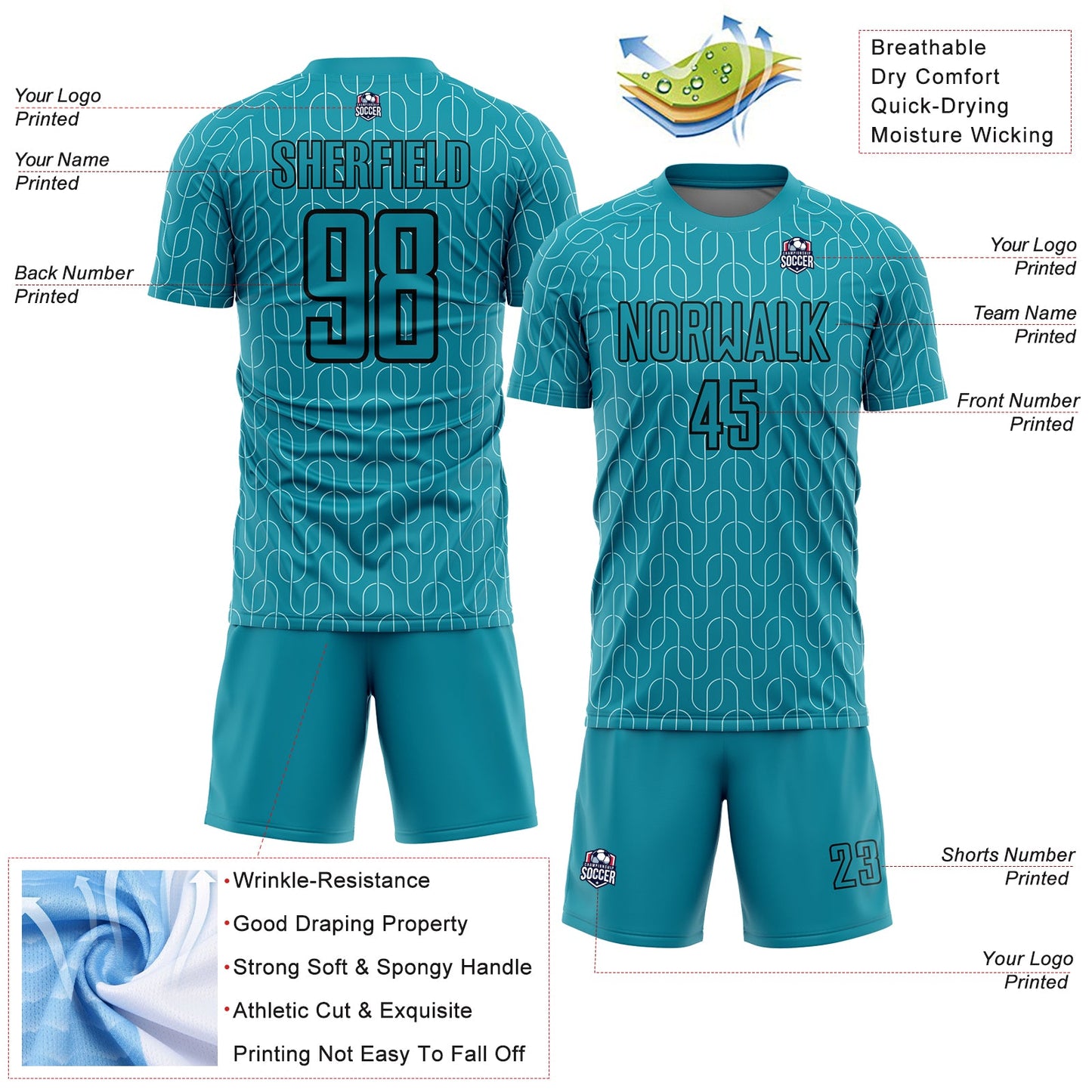 Custom Teal Black Geometric Pattern Sublimation Soccer Uniform Jersey - Sky-Custom