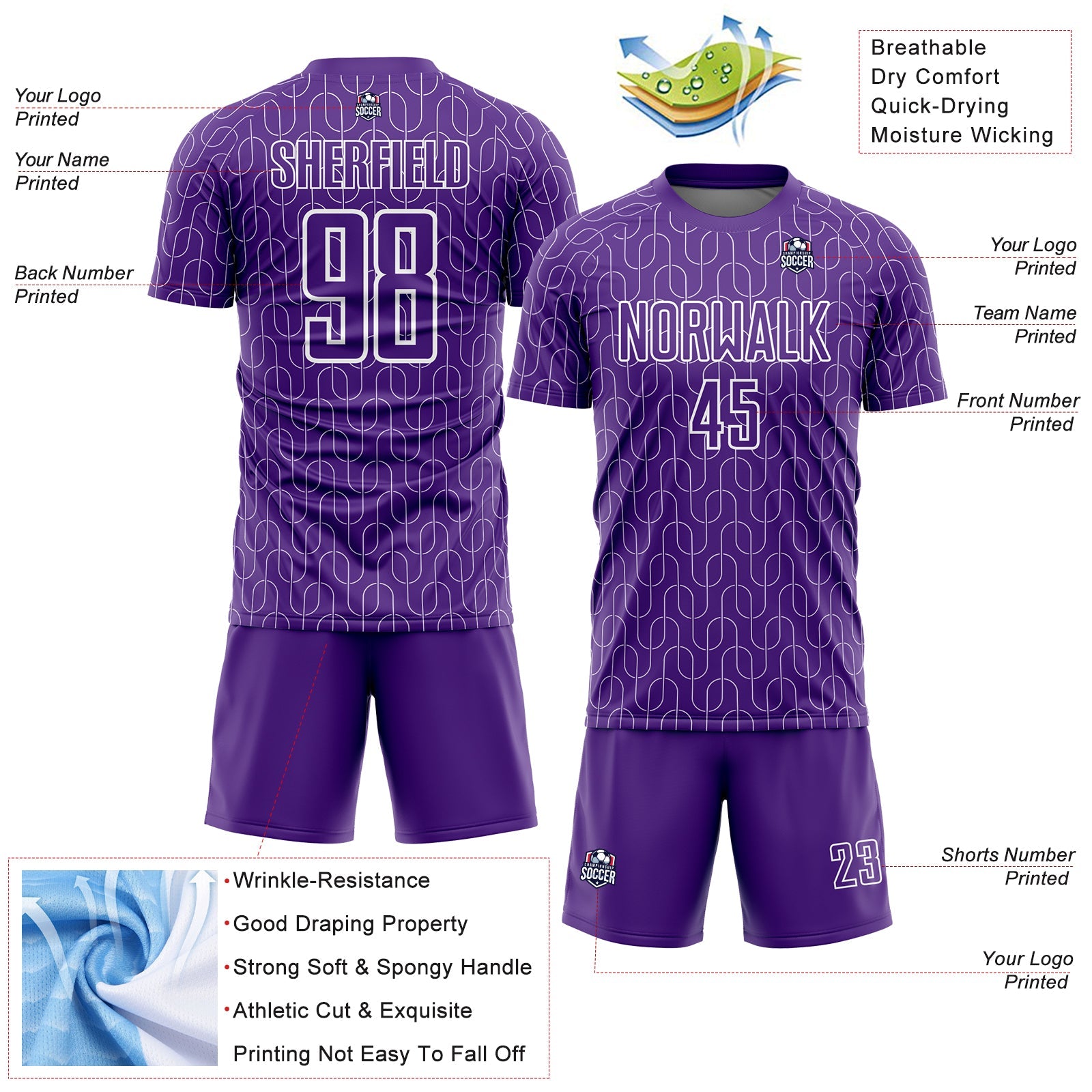 Custom Purple White Geometric Pattern Sublimation Soccer Uniform Jersey - Sky-Custom