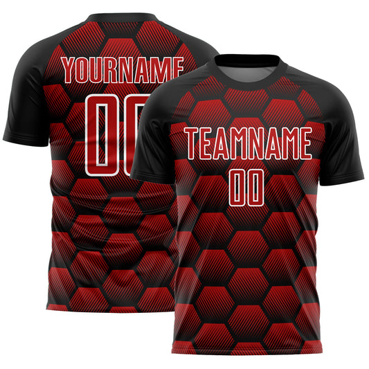 Custom Black Red-White Hexagons Pattern Sublimation Soccer Uniform Jersey - Sky-Custom