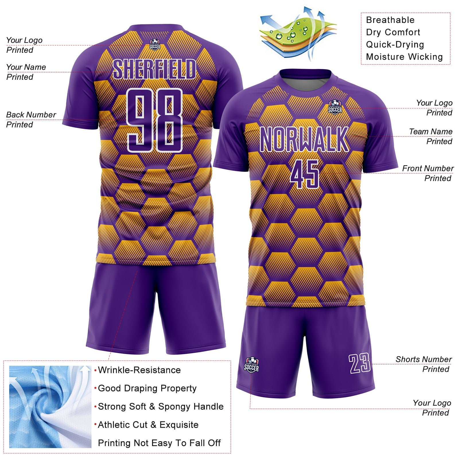 Custom Purple Gold-White Hexagons Pattern Sublimation Soccer Uniform Jersey - Sky-Custom