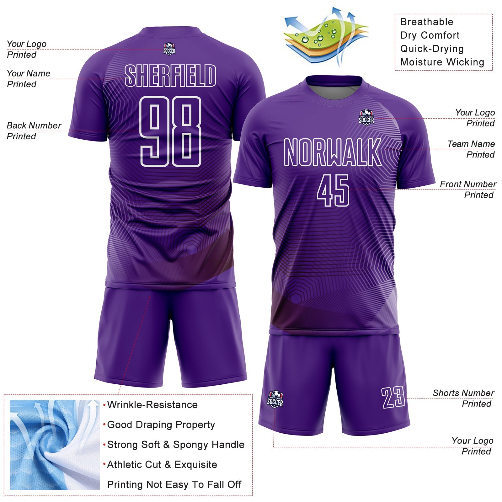 Custom Purple White Geometric Lines Sublimation Soccer Uniform Jersey - Sky-Custom