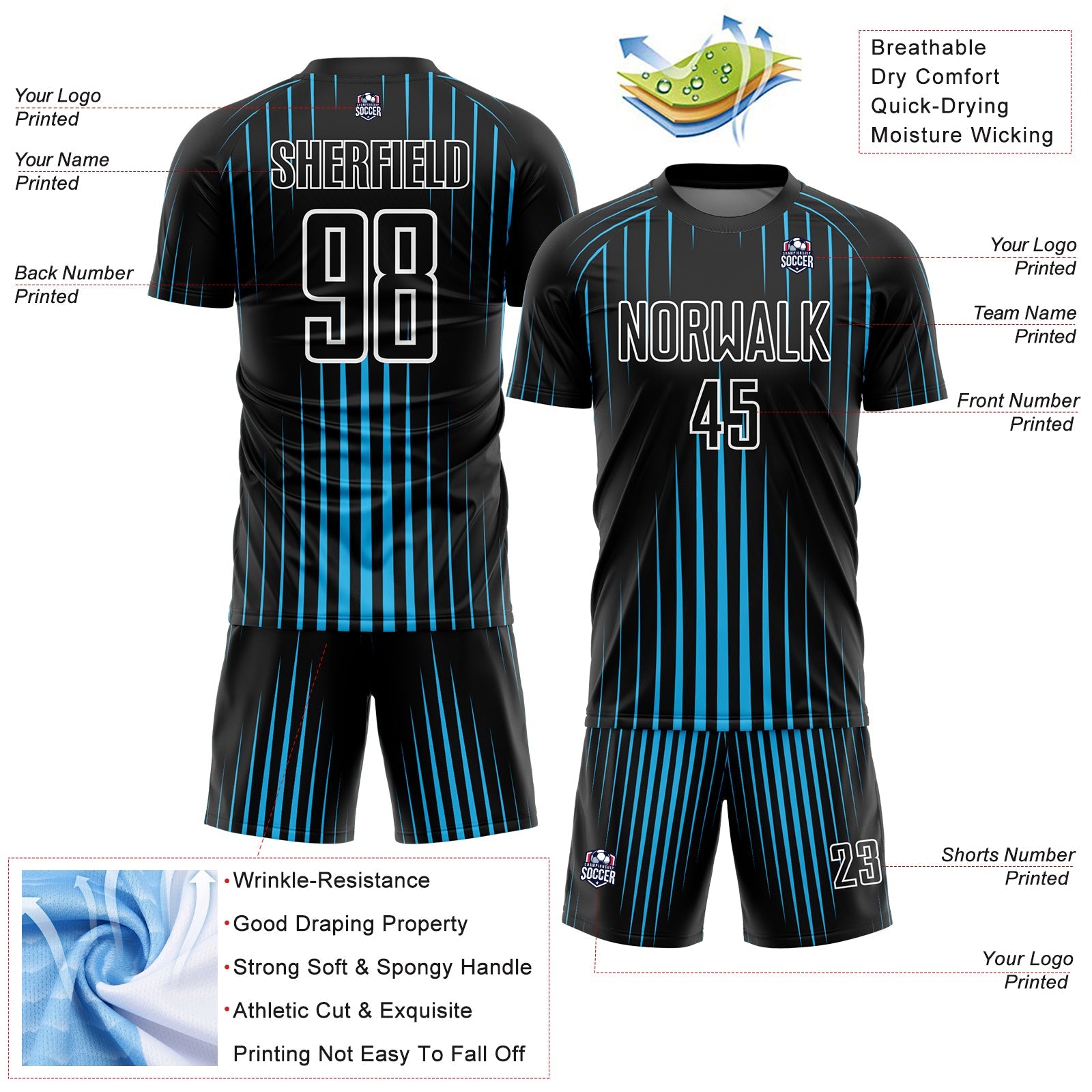 Custom Black Sky Blue-White Lines Sublimation Soccer Uniform Jersey - Sky-Custom