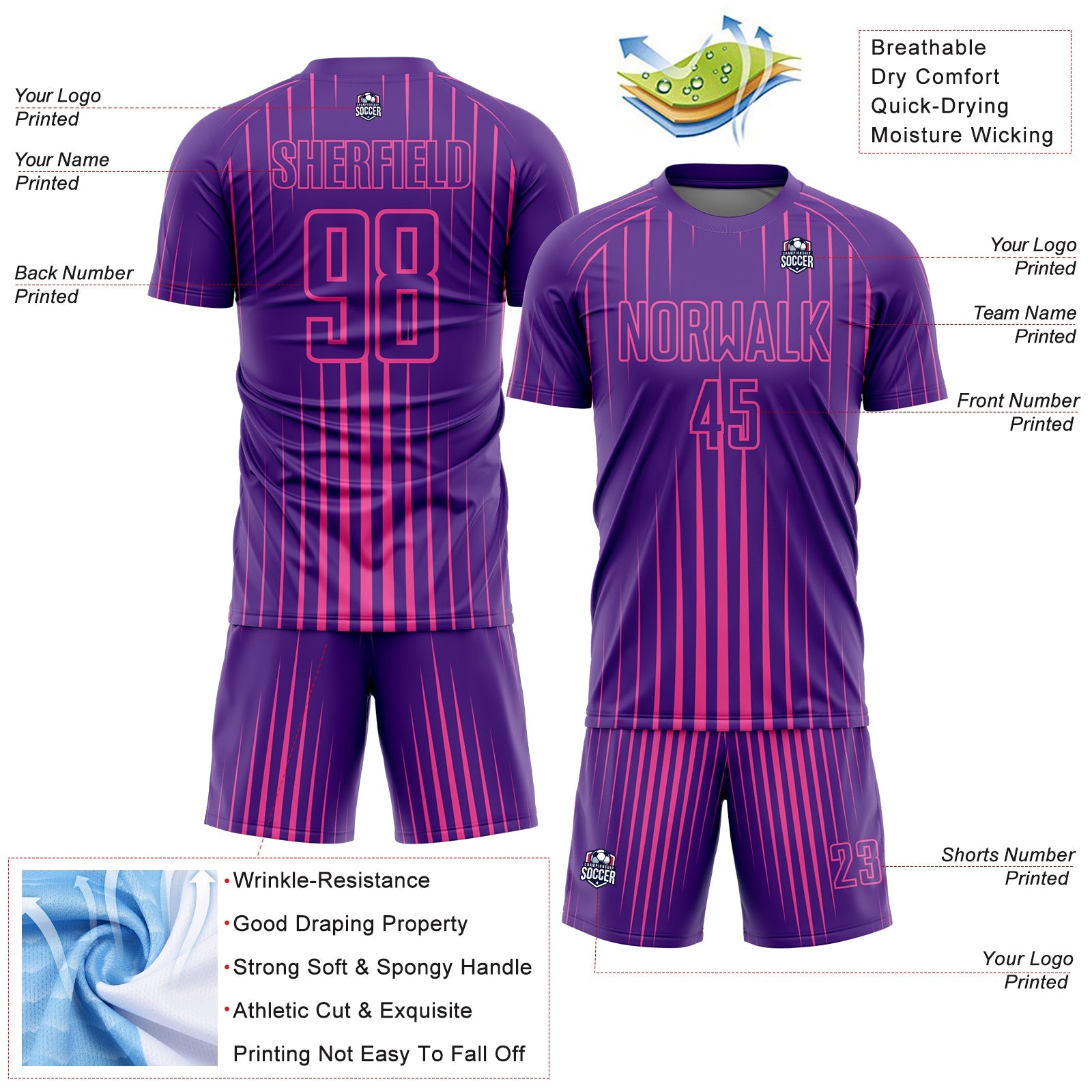 Custom Purple Pink Lines Sublimation Soccer Uniform Jersey - Sky-Custom