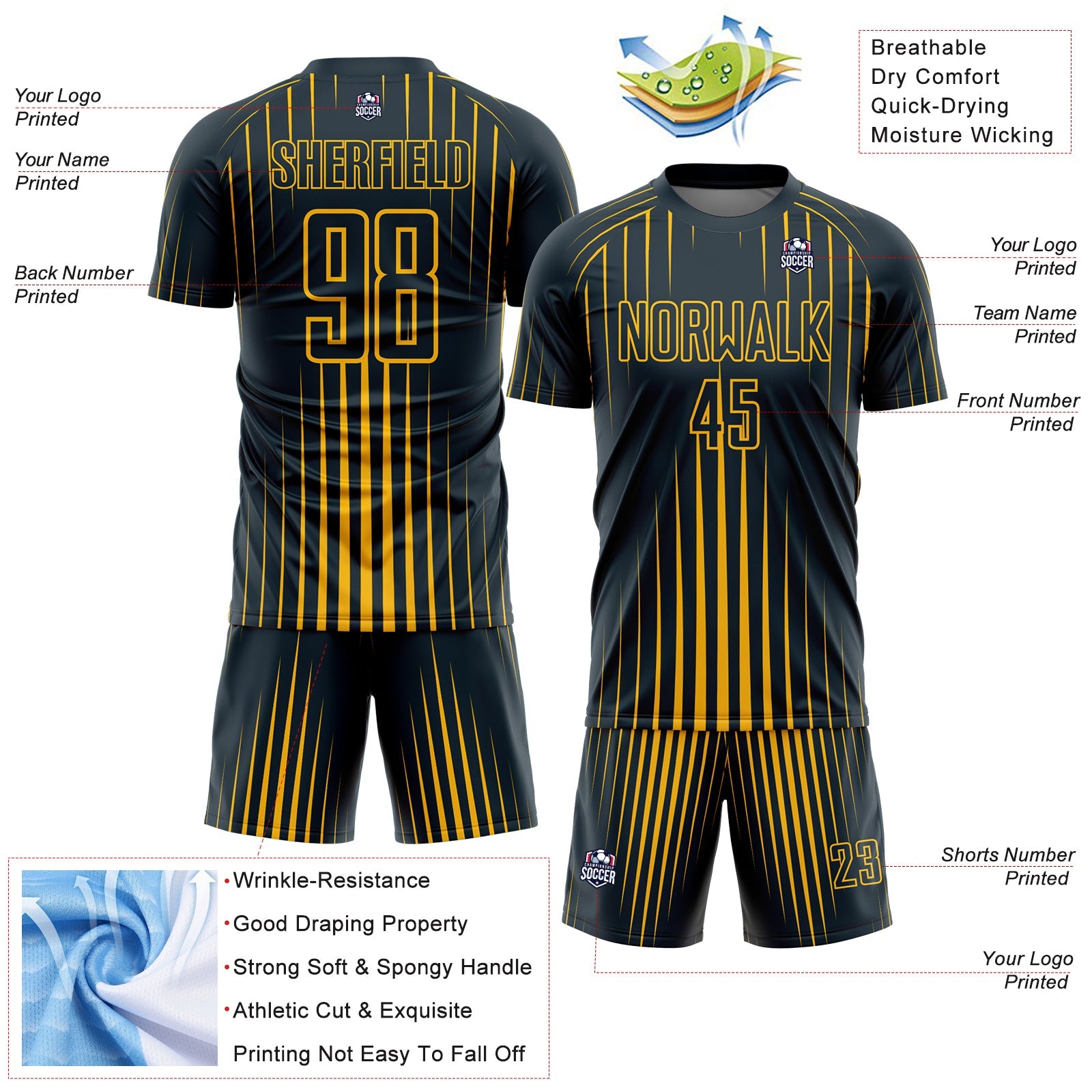 Custom Navy Gold Lines Sublimation Soccer Uniform Jersey - Sky-Custom