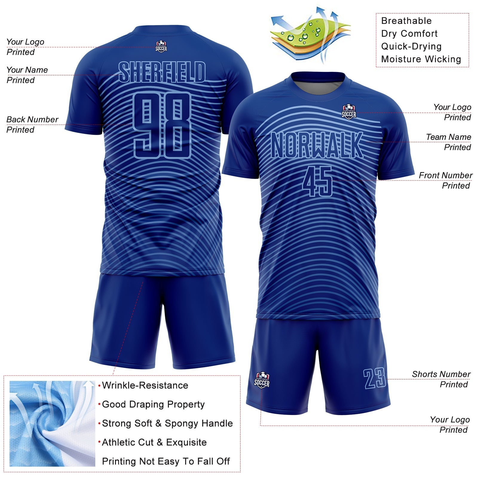Custom Royal Light Blue Gradient Geometric Lines Sublimation Soccer Uniform Jersey - Sky-Custom