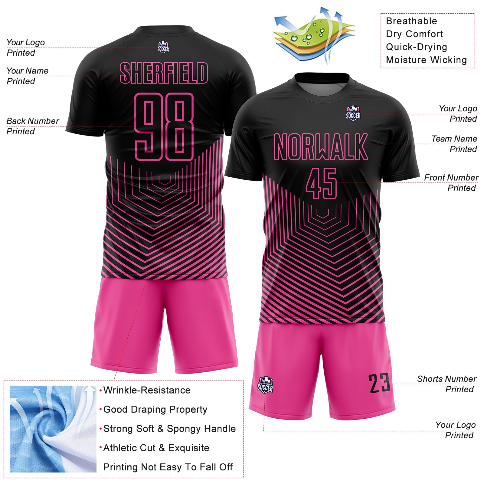 Custom Black Pink Geometric Lines Sublimation Soccer Uniform Jersey - Sky-Custom
