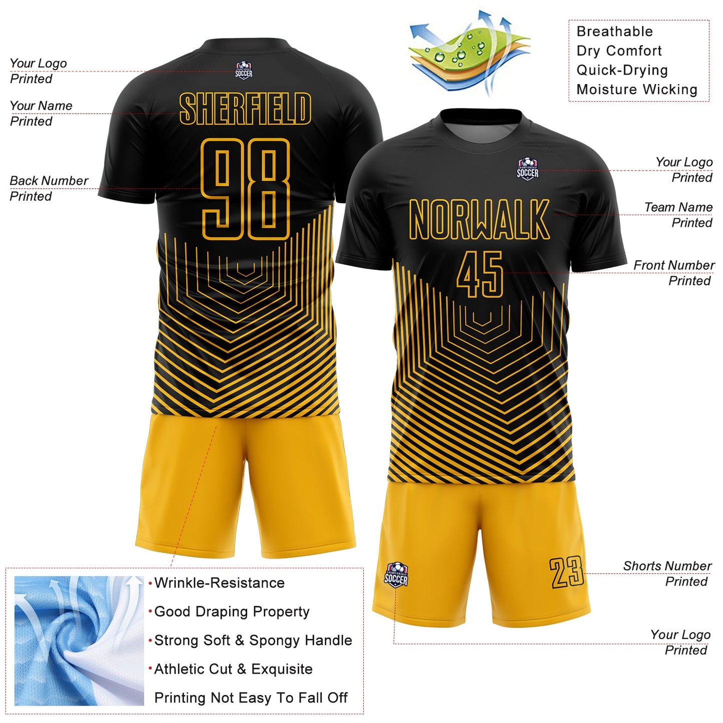 Custom Black Gold Geometric Lines Sublimation Soccer Uniform Jersey - Sky-Custom