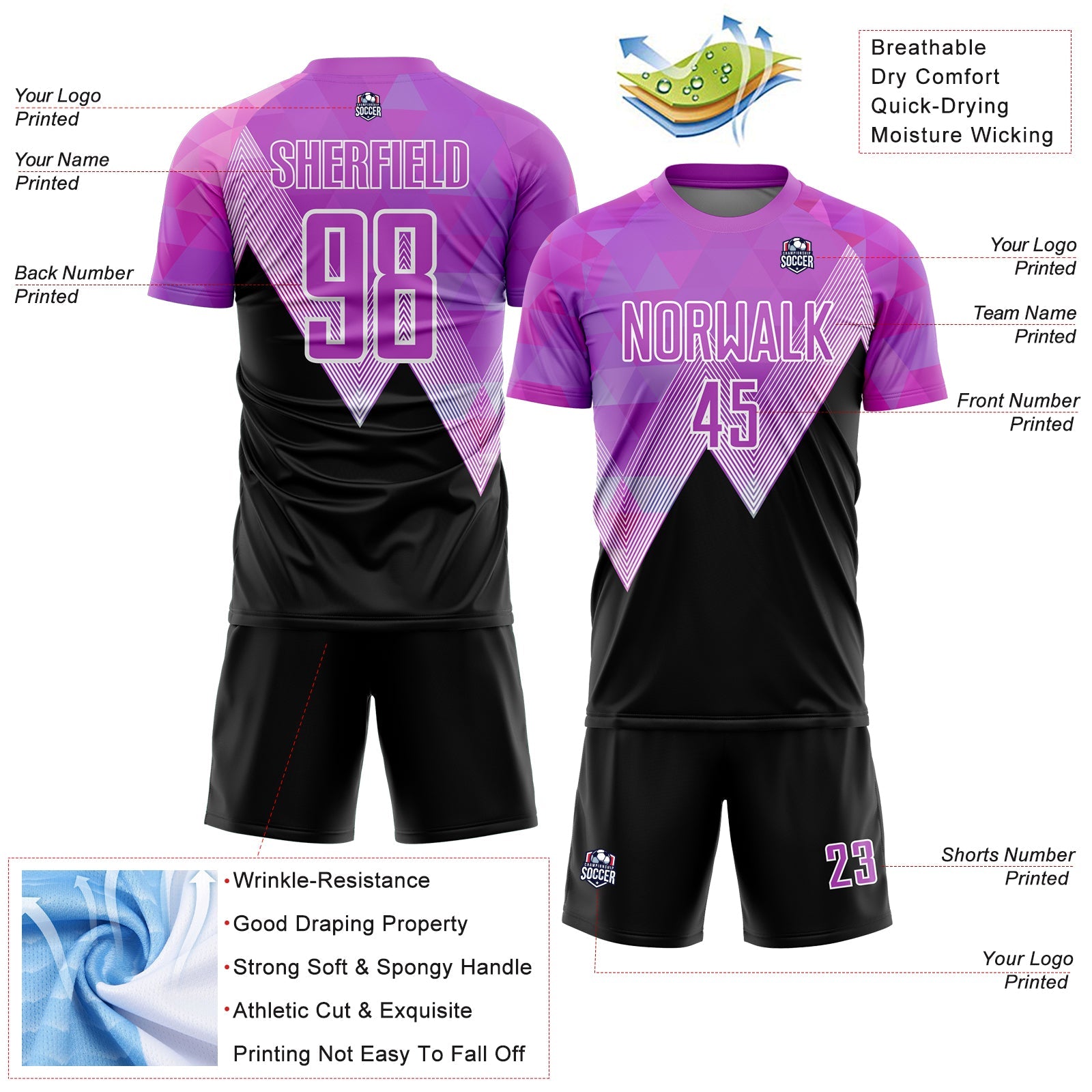 Custom Purple Black-White Geometric Pattern Sublimation Soccer Uniform Jersey - Sky-Custom