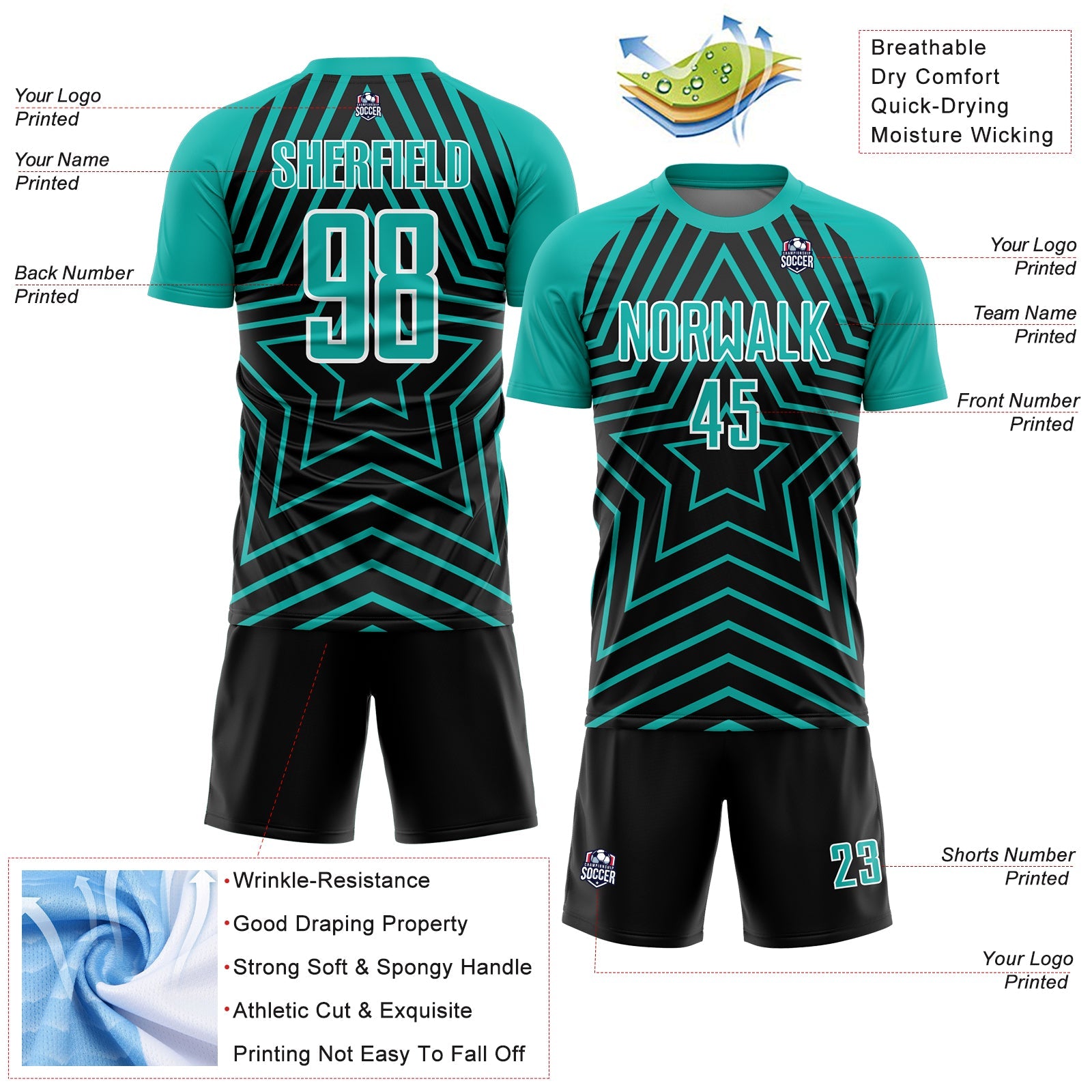 Custom Black Aqua-White Stars Sublimation Soccer Uniform Jersey - Sky-Custom