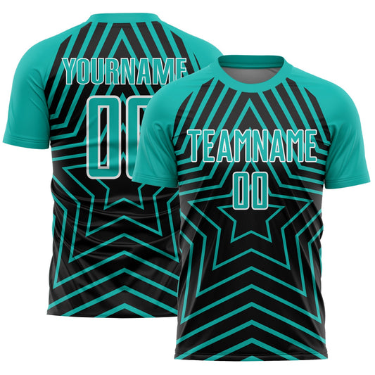Custom Black Aqua-White Stars Sublimation Soccer Uniform Jersey - Sky-Custom