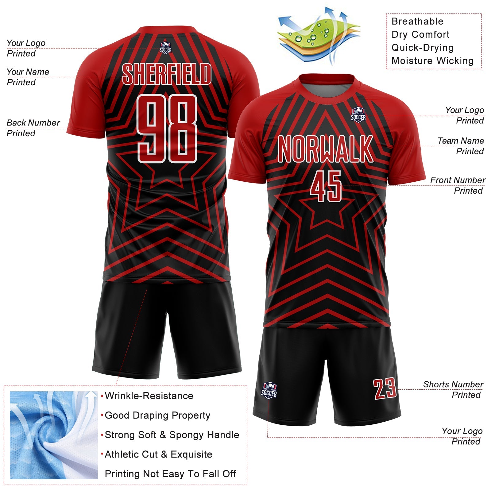 Custom Black Red-White Stars Sublimation Soccer Uniform Jersey - Sky-Custom