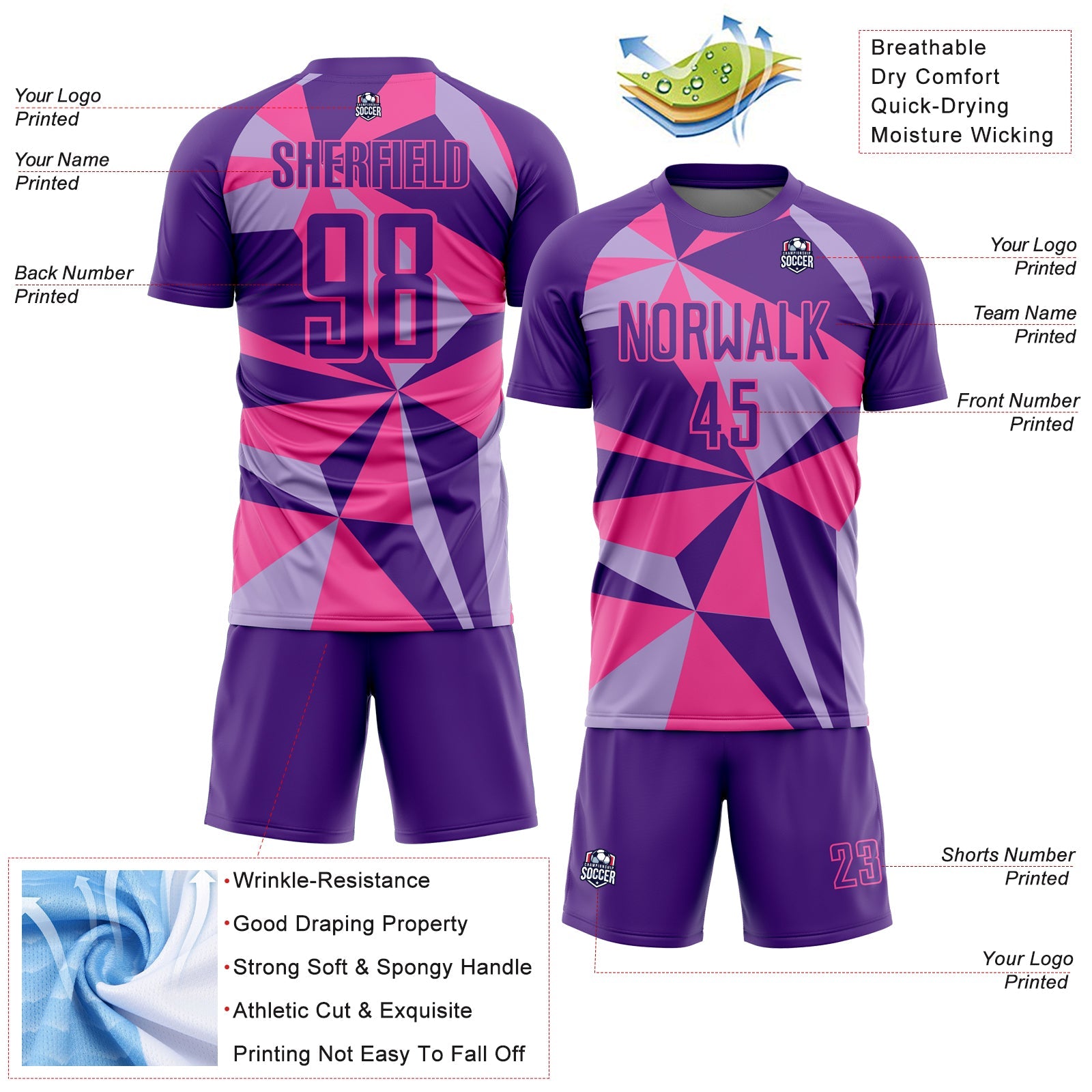 Custom Purple Pink Geometric Pattern Sublimation Soccer Uniform Jersey - Sky-Custom