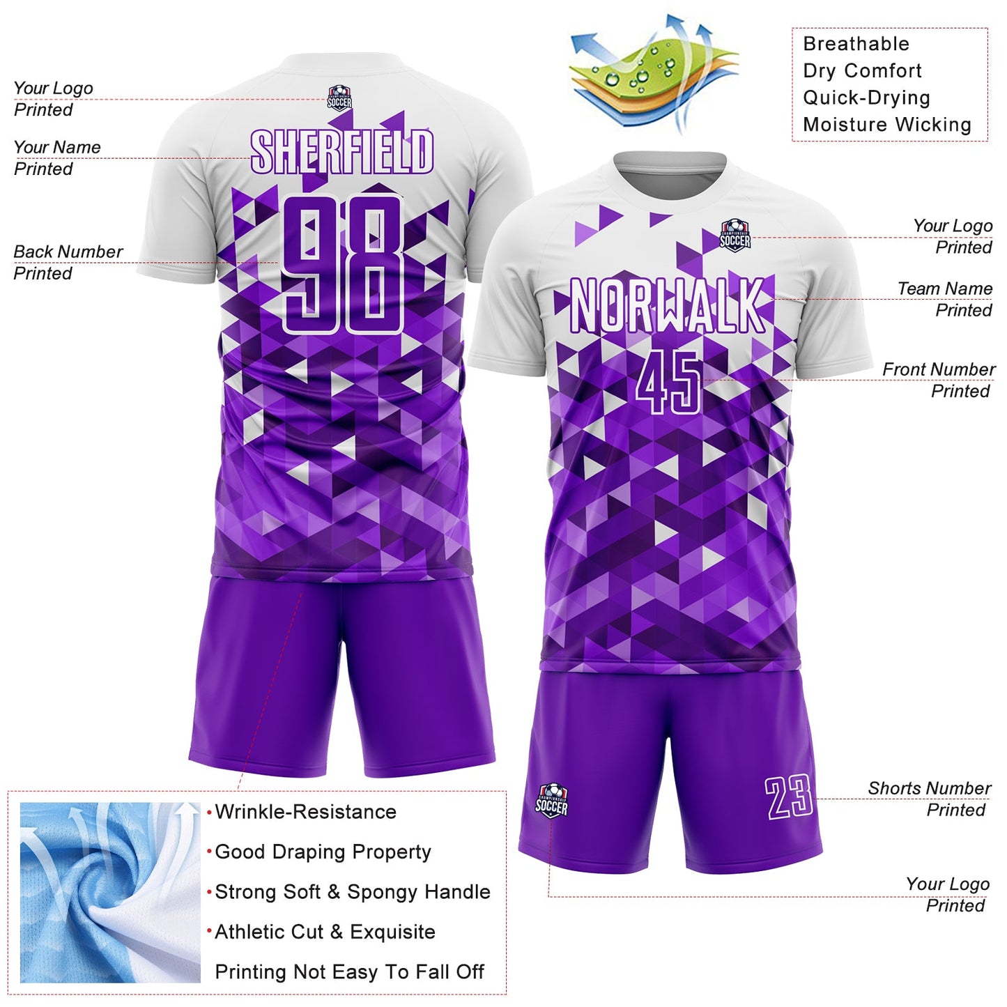 Custom Purple White Geometric Pattern Sublimation Soccer Uniform Jersey - Sky-Custom