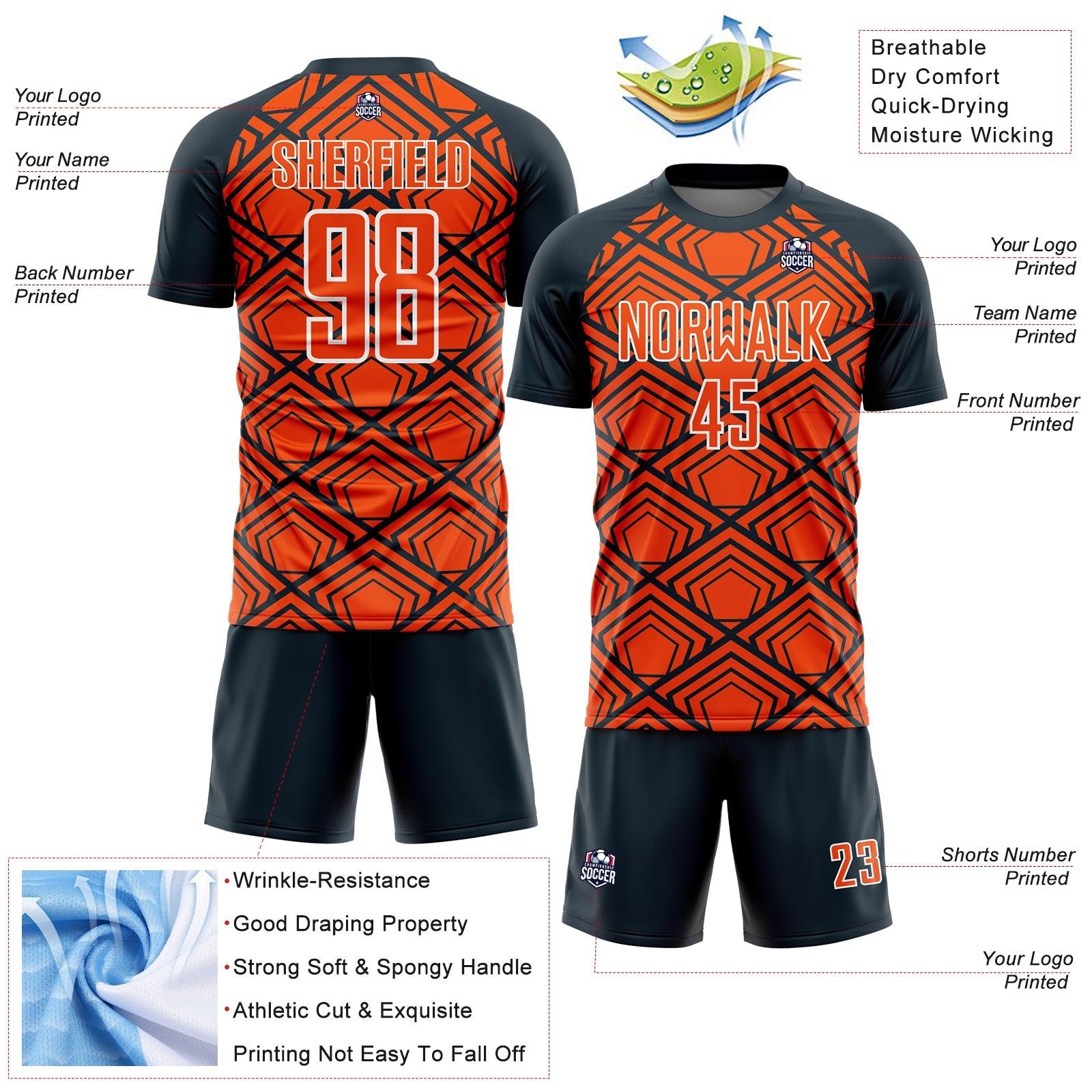 Custom Orange Navy-White Geometric Pattern Sublimation Soccer Uniform Jersey - Sky-Custom