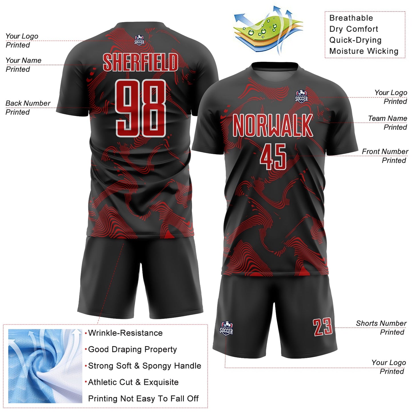 Custom Black Red-White Curve Lines Sublimation Soccer Uniform Jersey - Sky-Custom