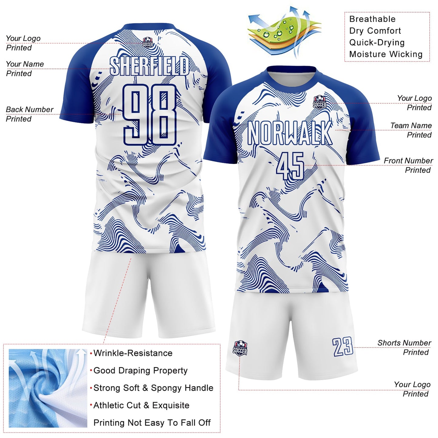 Custom White Royal Curve Lines Sublimation Soccer Uniform Jersey - Sky-Custom