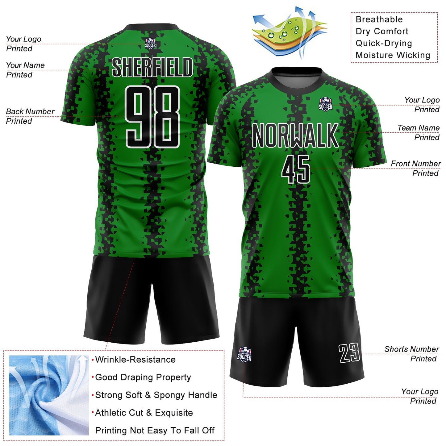 Custom Grass Green Black-White Abstract Geometric Pattern Sublimation Soccer Uniform Jersey - Sky-Custom