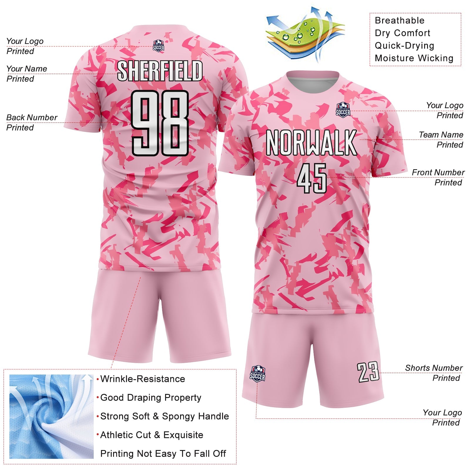 Custom Light Pink Black-Pink Abstract Geometric Pattern Sublimation Soccer Uniform Jersey - Sky-Custom