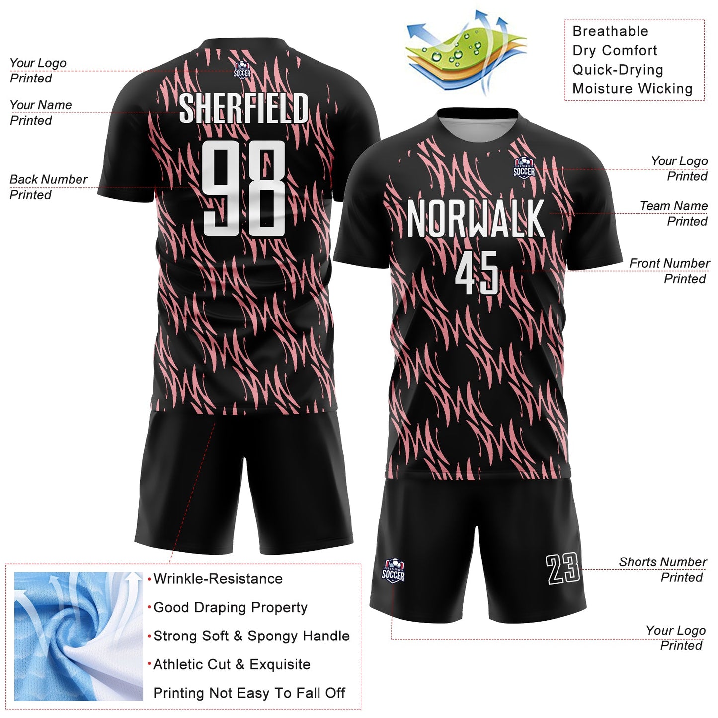 Custom Black White-Medium Pink Abstract Wave Sublimation Soccer Uniform Jersey - Sky-Custom