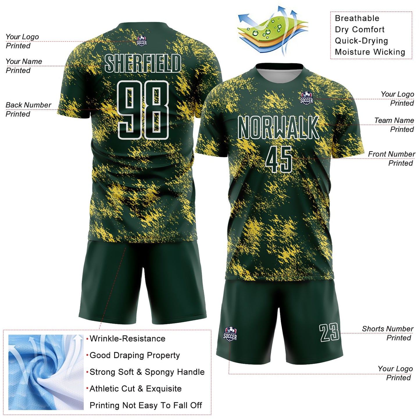 Custom Green Gold-White Abstract Grunge Art Sublimation Soccer Uniform Jersey - Sky-Custom