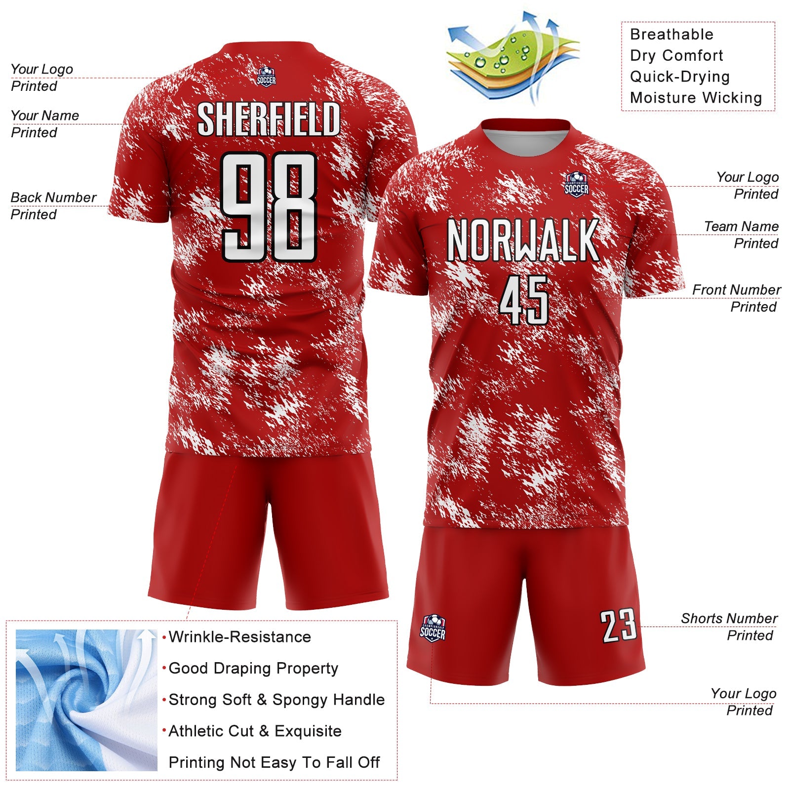 Custom Red White-Black Abstract Grunge Art Sublimation Soccer Uniform Jersey - Sky-Custom