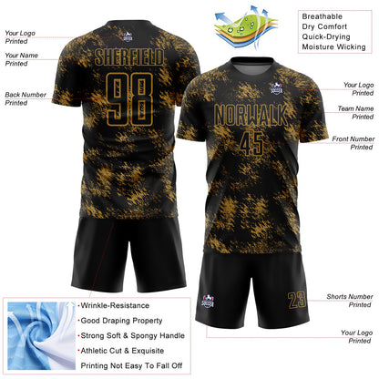 Custom Black Old Gold Abstract Grunge Art Sublimation Soccer Uniform Jersey - Sky-Custom