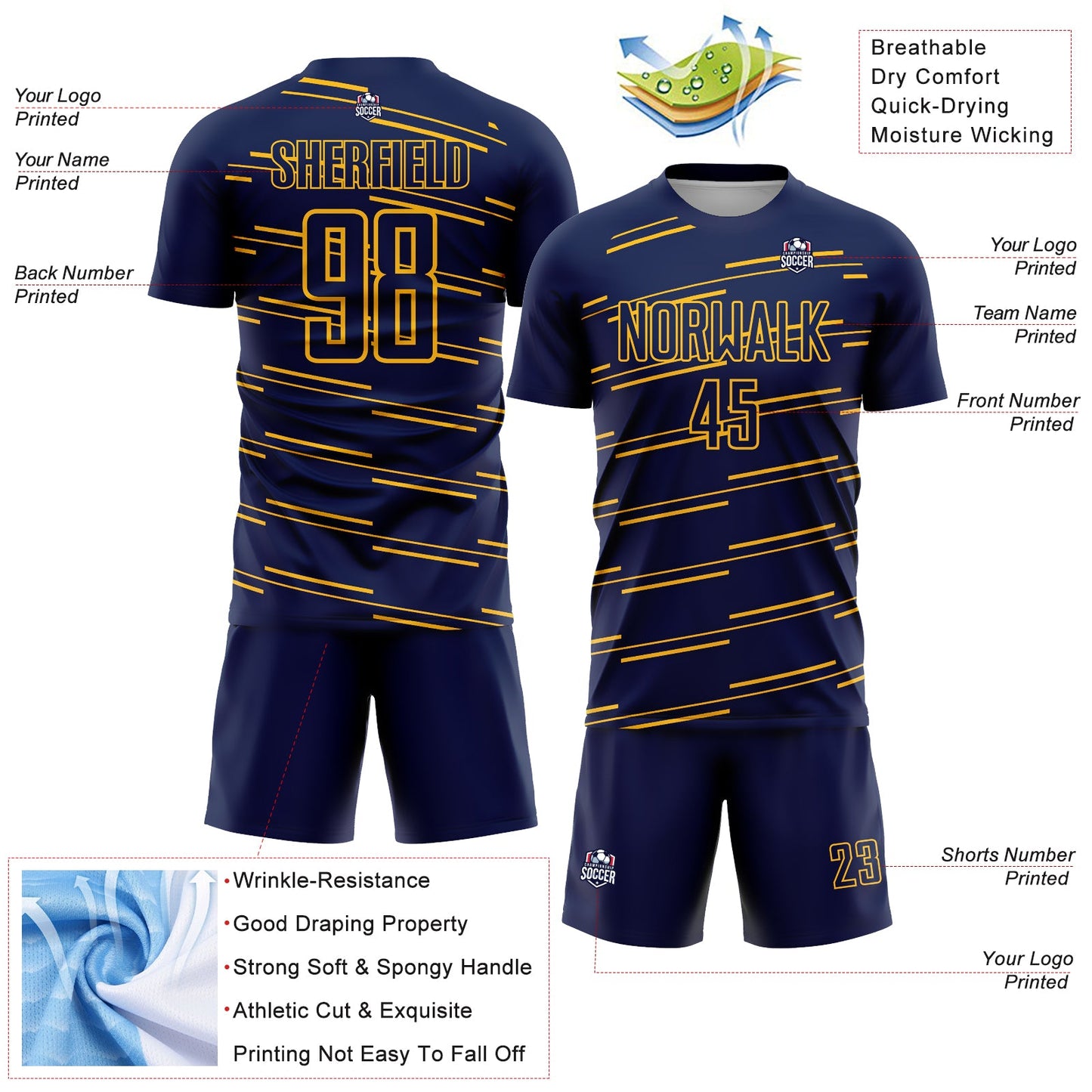 Custom Navy Yellow Lines Sublimation Soccer Uniform Jersey - Sky-Custom