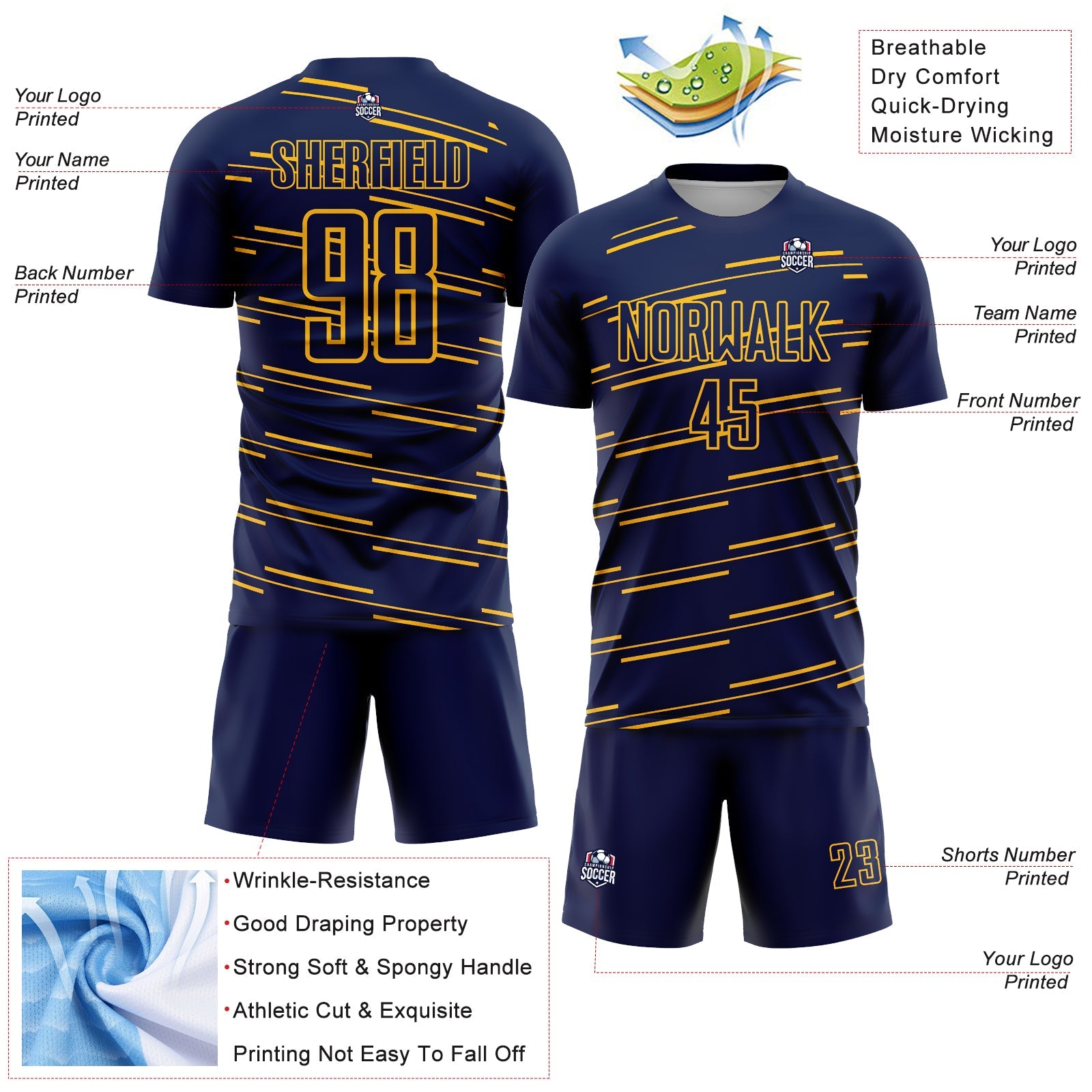 Custom Navy Yellow Lines Sublimation Soccer Uniform Jersey - Sky-Custom