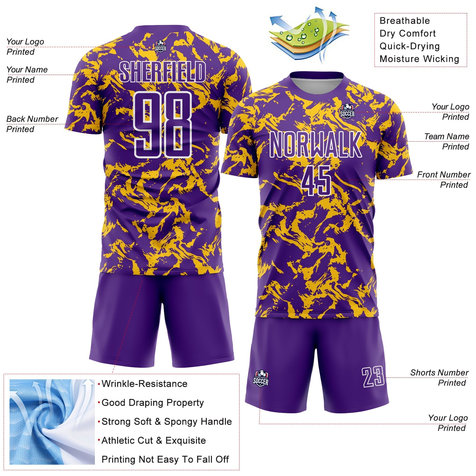 Custom Purple Gold-White Abstract Fluid Sublimation Soccer Uniform Jersey - Sky-Custom