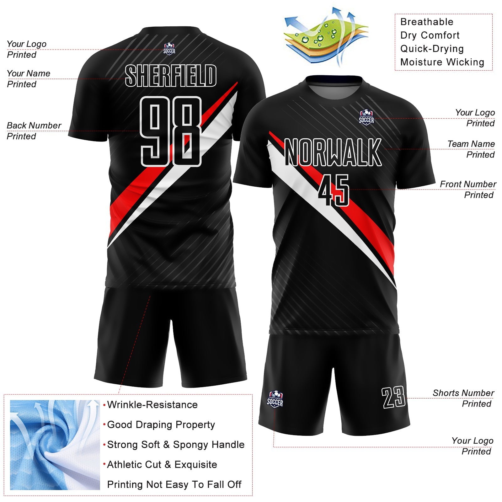 Custom Black Red-White Diagonal Lines Sublimation Soccer Uniform Jersey - Sky-Custom