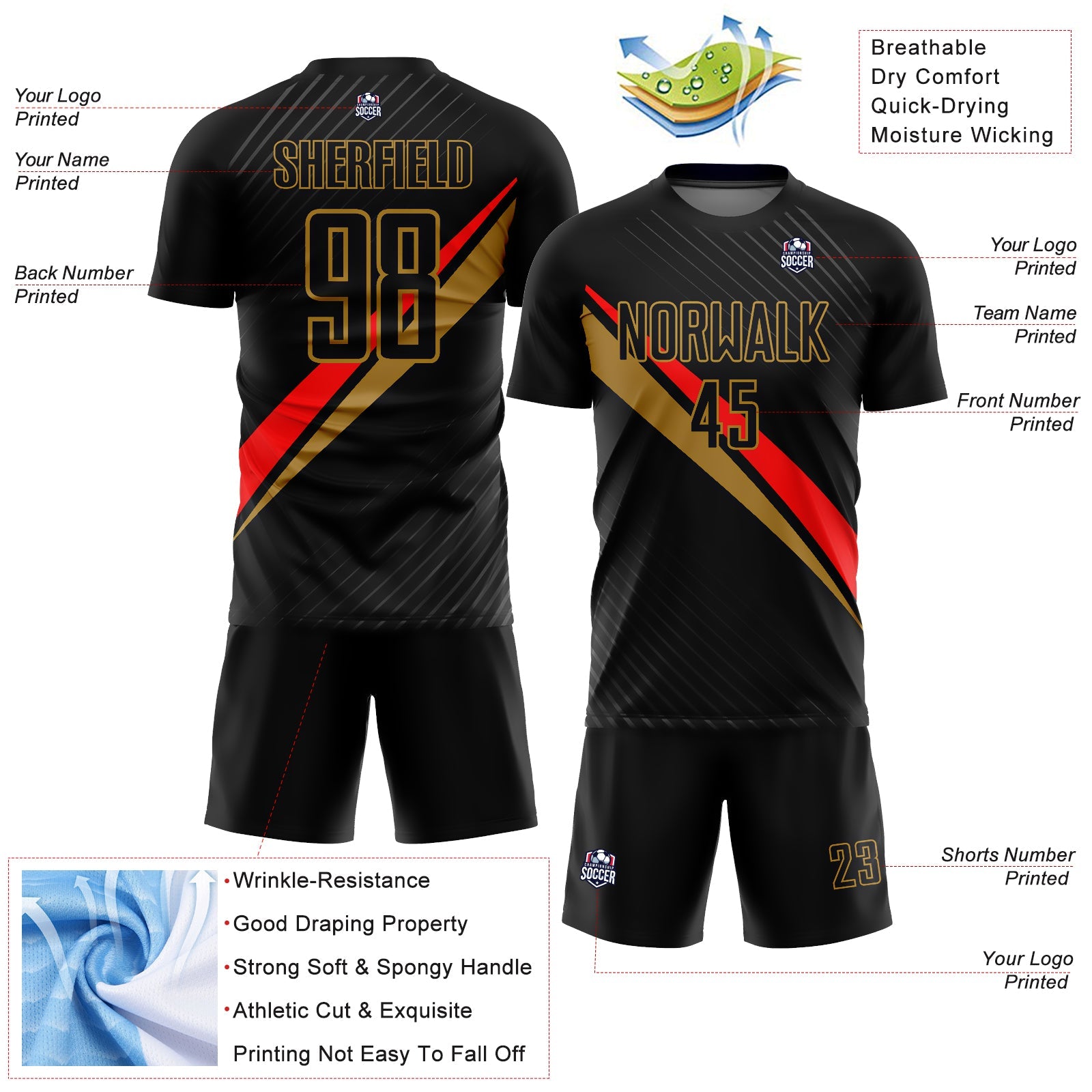 Custom Black Red-Old Gold Diagonal Lines Sublimation Soccer Uniform Jersey - Sky-Custom