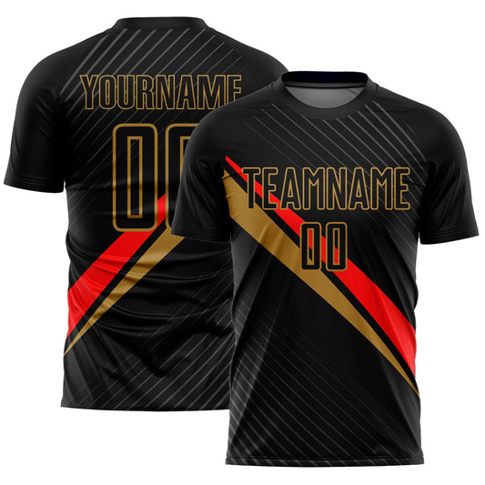 Custom Black Red-Old Gold Diagonal Lines Sublimation Soccer Uniform Jersey - Sky-Custom