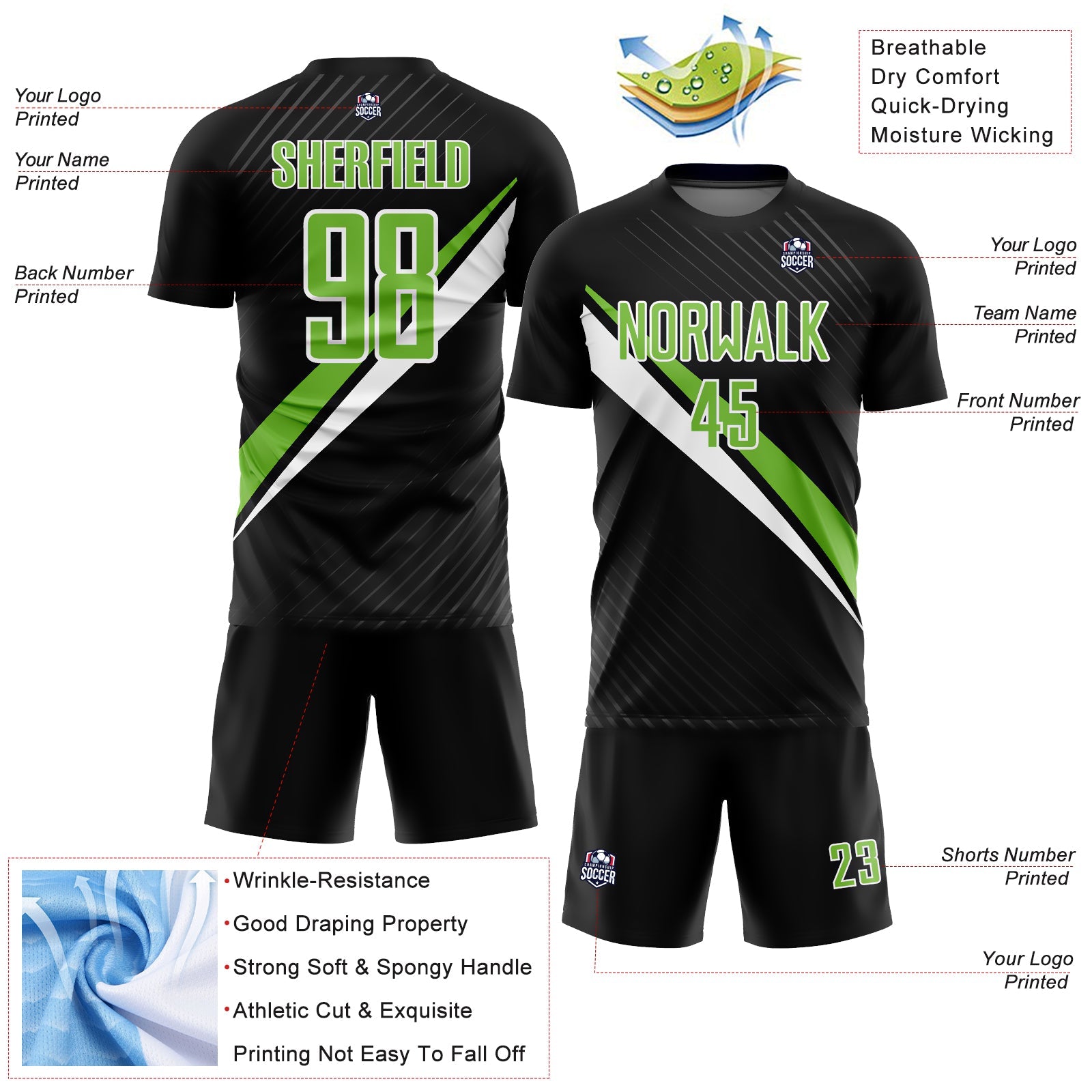 Custom Black Neon Green-White Diagonal Lines Sublimation Soccer Uniform Jersey - Sky-Custom