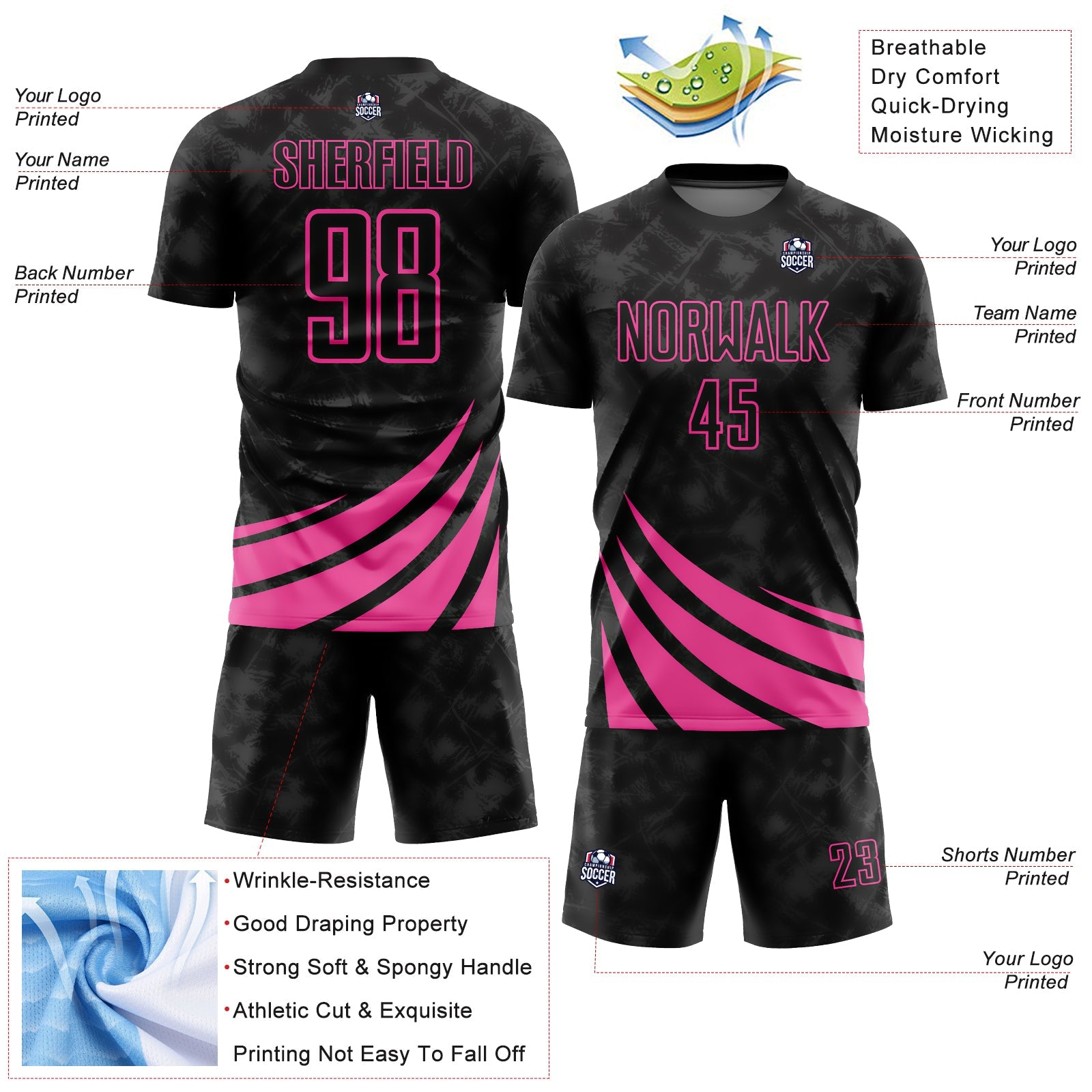 Custom Black Pink Wind Shapes Sublimation Soccer Uniform Jersey - Sky-Custom
