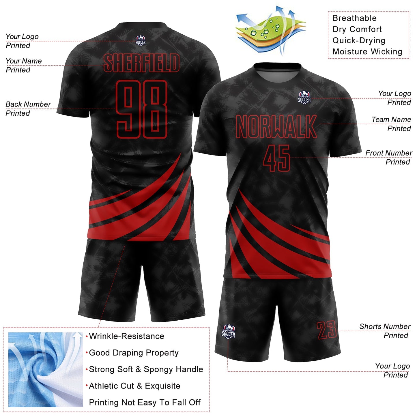 Custom Black Red Wind Shapes Sublimation Soccer Uniform Jersey - Sky-Custom