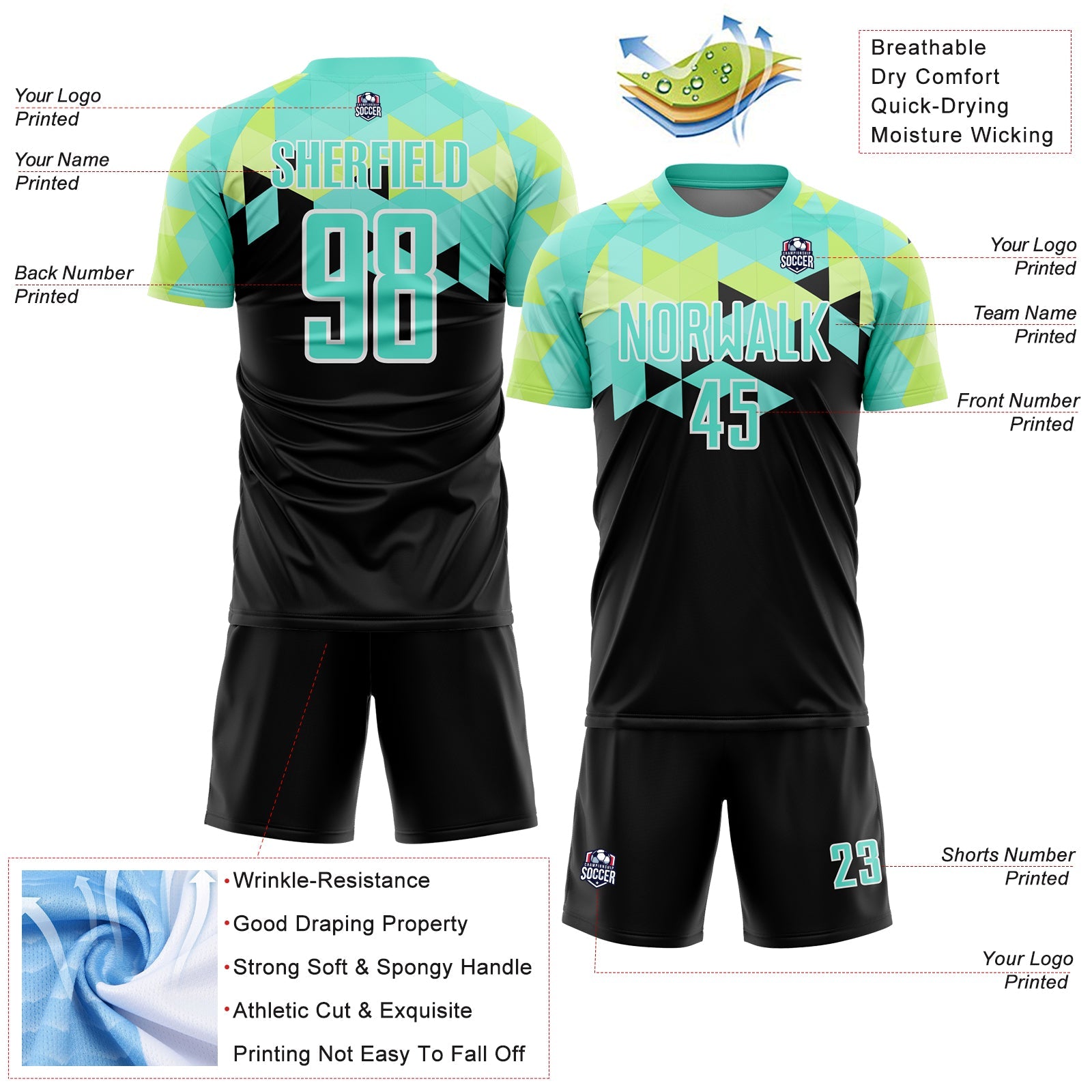 Custom Black Pea Green-White Geometric Shapes Sublimation Soccer Uniform Jersey - Sky-Custom