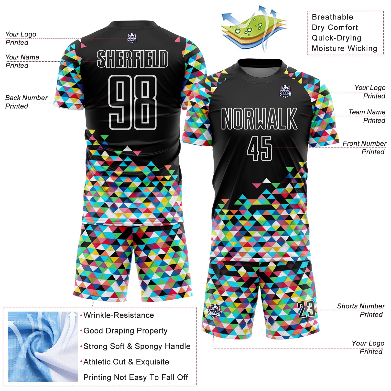 Custom Black White Colorful Geometric Triangle Sublimation Soccer Uniform Jersey - Sky-Custom
