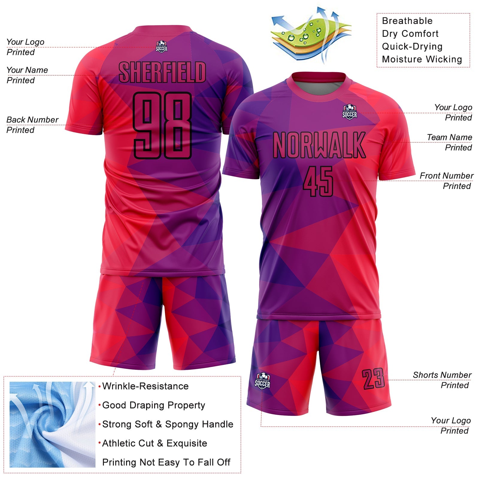 Custom Purple Red-Black Geometric Shapes Sublimation Soccer Uniform Jersey - Sky-Custom