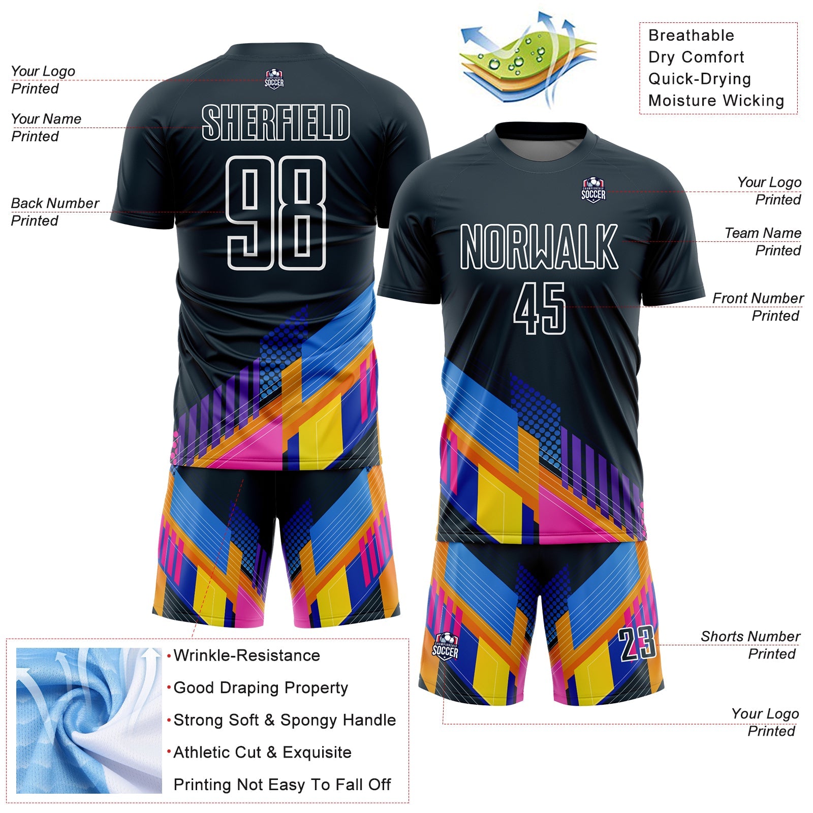 Custom Navy White Geometric Shapes Sublimation Soccer Uniform Jersey - Sky-Custom